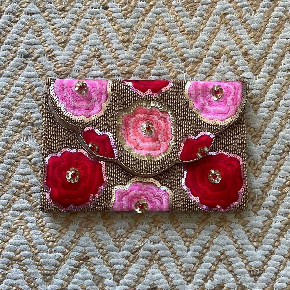 Lulu’s let your love bloom red and gold beaded embroidered clutch